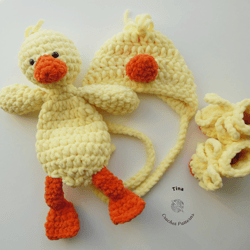 HANDMADE Duck Bonnet, Booties and Toy Set | Newborn Photo Prop | Baby Shower Gift | Crochet Animal