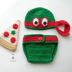 HANDMADE Ninja Turtle and Pizza Set | Crochet Baby Halloween Costume | Baby Photo Prop | Baby Shower | Size 0-3 months
