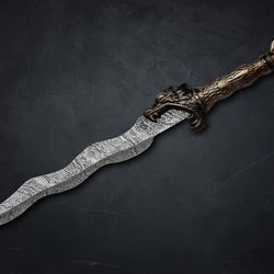 custom handmade damascus steel dragon sword, mold handle dragon style with leather sheath beautiful sword gift for fathe