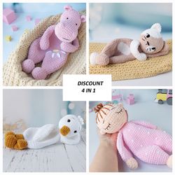 Set of 4 crochet patterns: Hippo, Duck, Cat, Doll. Toys plushies, comforter animal, snuggler toys, amigurumi toys lovey.