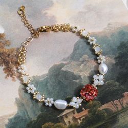 Red stone beaded bracelet, Dainty handmade bracelet, Aesthetic jewelry, Seed bead jewelry, Crystals bracelet, Gift