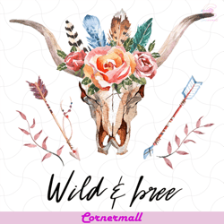 watercolor isolated bulls head with flowers svg, trending svg, wild and free svg, bulls head svg