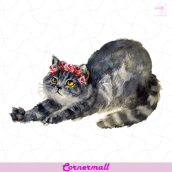 watercolor cute cat with flowers png, trending png , cute cat png, beauty cat png, cat png