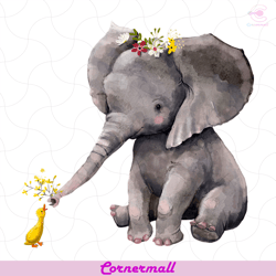 elephant with floral wreath and little duck png, trending png, elephant png, little duck png, flower png