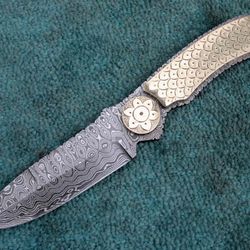 Custom Hand Made Damascus Steel Full Tang Hunting Knife Brass Engraved