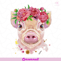 a beautiful pig in a wreath of peonies png, trending png, pig png, beautyful pig png, pig gift png