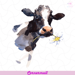 cow with a daisy flower watercolor png, trending png, cow png, watercolor cow png, daisy png