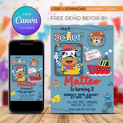 Sailor Birthday Invitation, Sailor Boy Birthday, Sailor Birthday Invitation Canva Editable Instant Download
