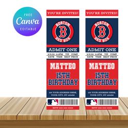 boston red fox ticket style sports birthday invitations canva editable instant download