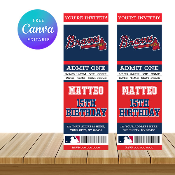 Atlanta Braves Ticket Style Sports Birthday Invitations Canv