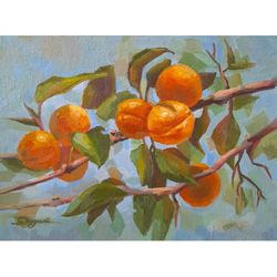 Apricot Branch Painting Fruit Original Fine Art Small Artwork  7x9,5" (18 x 24cm) by Svetlana