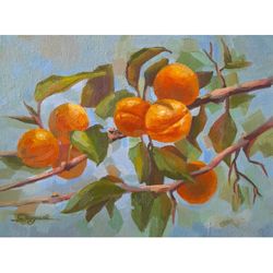 apricot branch painting fruit original fine art small artwork  7x9,5" (18 x 24cm) by svetlana