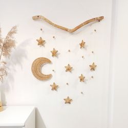 wicker wall panel moon and stars, nursery decor, wall nursery decor, moon and stars decor, moon decor