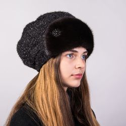 Women's Stylish Genuine Mink Fur Beret With Knitted Base Fashion Fur Windproof Beanie Hat For Lady