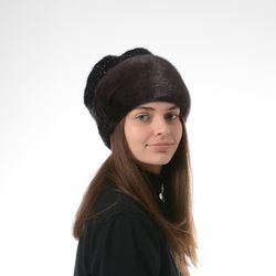 Warm Winter Boyarka Mink Hat With Real Mink Fur On Knitted Base And Fashion Casual Beanie Hats For Lady
