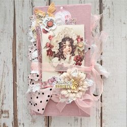 Garden roses junk journal for sale Lace flowers junk book handmade Romantic thick journal completed pink