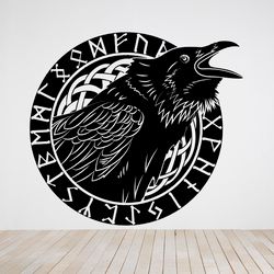 Scandinavian Mythology, Ancient Viking Inscriptions, Odin's Raven, Black Raven, Wall Sticker Vinyl Decal Mural Art Decor