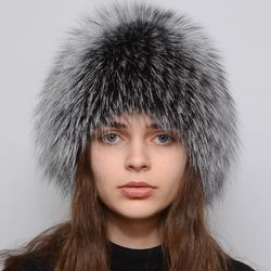Women's Hat Wig Real Silver Fox Fur And Knitted Women's Winter Puffy Fox Fur Hat For Lady