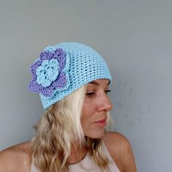 Crochet Slouchy Beanie Hat with Flower Summer Cotton Beanie for Women