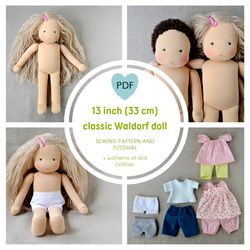 diy classic waldorf doll 13 inch (33 cm) tall. pdf sewing pattern and tutorial. patterns of doll clothes as bonus!