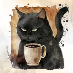 black cat and coffee watercolor clipart