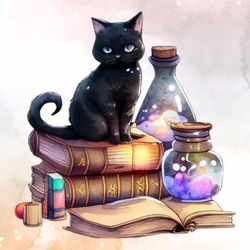 vintage black cat with witch book