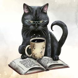 vintage black cat reading book clipart