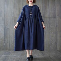 new retro large size cotton and linen long-sleeved dress for women