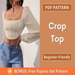 Top Pattern | Long Crop Top Pattern | Sleeved Top Pattern | Long Sleeve Shirt Pattern | Crop Tee Pattern | Milkmaid Top