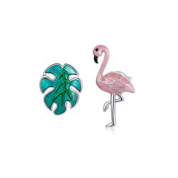 Flamingo and leaf earrings, Sterling silver studs, Asymmetric statement jewelry, Floral, Flamingo lover gift