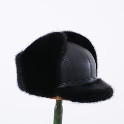 Men's Fur Mink Hat Ushanka With Peak Of Real Mink Fur And Genuine Leather Black Color