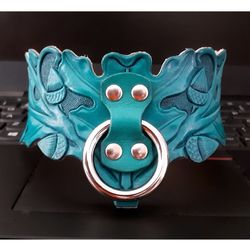 Luxury Oak Leaves Bdsm Collar for Woman Turquoise Leather Sub Choker with O-Ring