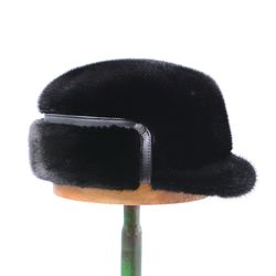 Men's Mink Fur Confederate Cap From Real Mink Fur And Genuine Leather Lapel Black Color