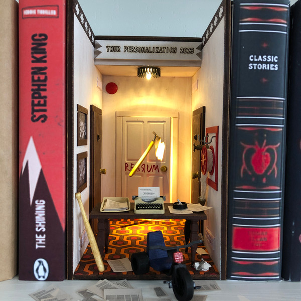 Shining-book-nook-Bookshelf-diorama-with-redrum-door-Miniature-library-king-decor-80s-cult-horror-Personalized-gift-2.JPG