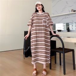 oversized striped round neck pocket short sleeve dress