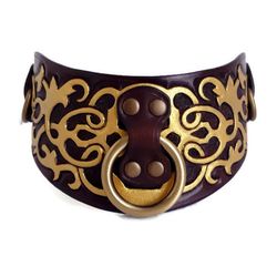 Luxury wide leather slave collar for submissive Gift handmade woman bdsm choker necklace with 3D gold pattern