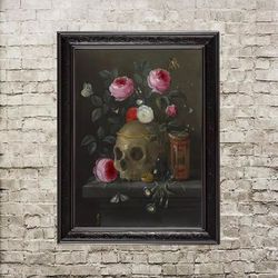 Painting in the Vanitas style. The poster "Remember Death". Still Life print. Macabre Skull and flowers. 339.