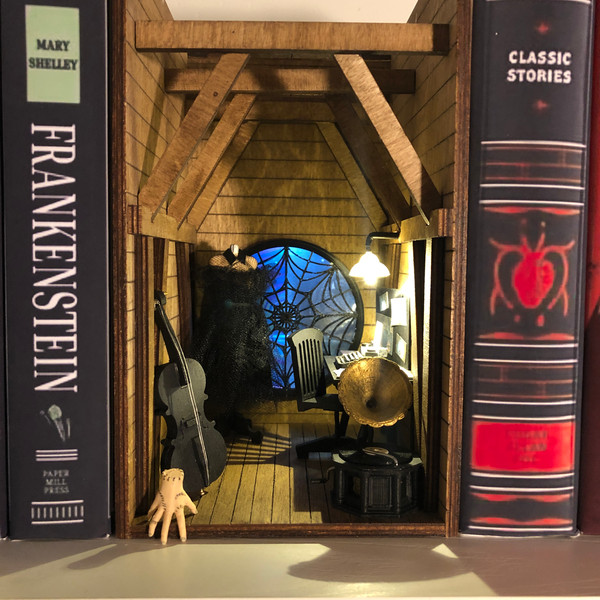 Wednesday-Book-nook-Personalized-gift-on-birthday-Gothic-shelf-insert–Bookshelf-diorama-tiny-thing-Miniature-library-decor-on-shelf-1.JPG