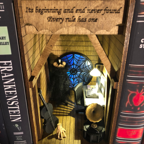 Wednesday-Book-nook-Personalized-gift-on-birthday-Gothic-shelf-insert–Bookshelf-diorama-tiny-thing-Miniature-library-decor-on-shelf-10.JPG