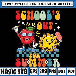 retro groovy school's out for summer graduation teacher kids png, summer vacation, retro smiley face png, digital dowloa