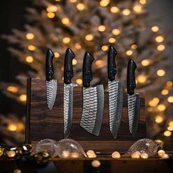 Custom Handmade HAND FORGED DAMASCUS STEEL 5 PCS CHEF KNIFE Set Kitchen Knives with leather sheath mk053aa