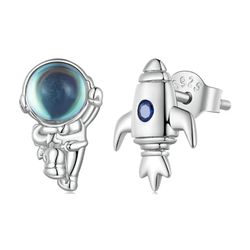 Astronaut and Space rocket earrings, Sterling silver studs, Asymmetric jewelry for woman, Gift for birthday, Moonstone
