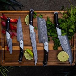 custom handmade damascus steel kitchen chef knives set with leather sheath hand forged knives gift set mk070aa