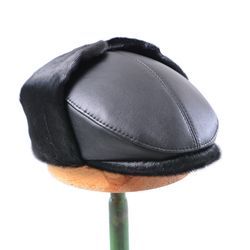 Men's Fur Cap Made From Real Black Seal Fur And Genuine Leather