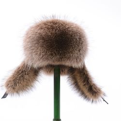 Winter Hat Ushanka Real raccoon fur and Genuine leather/suede with lapel