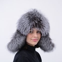 Unisex Fur Hat with Earflaps Made of Real Fox Fur and Genuine Black Leather