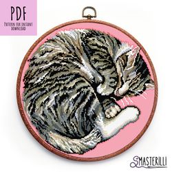 Tabby cat cross stitch pattern PDF , sleeping cat cross stitch pattern , modern hoop art 0126, cute cat cross stitch