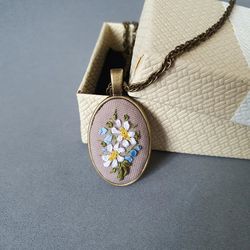 Ribbon embroidered daisy on pendant, 4th wedding anniversary gift, custom embroidery jewelry necklace