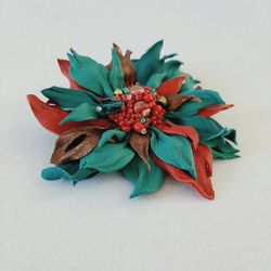 Turquoise leather brooch for her , 3rd anniversary gift for wife, Leather women's jewelry