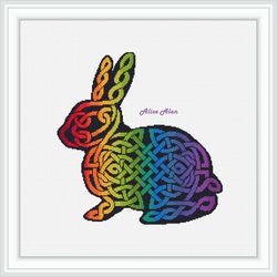 Cross stitch pattern Rabbit silhouette celtic knot ethnic ornament rainbow bunny hare counted crossstitch patterns PDF